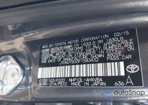 2015 Toyota Prius C from USA, damaged, VIN JTDKDTB33F1583432